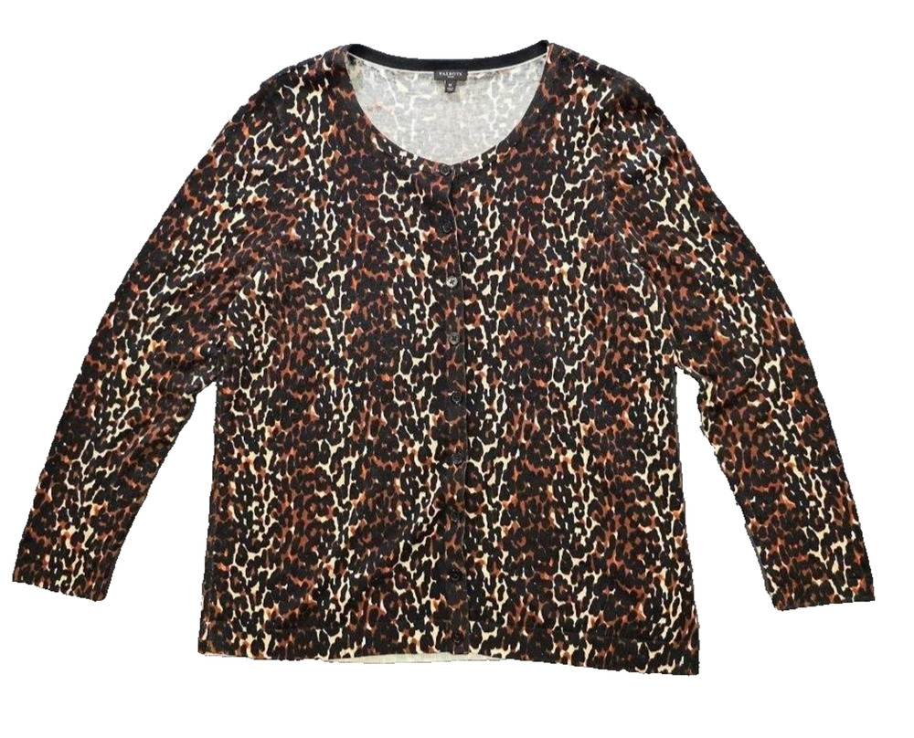 TALBOTS Cardigan cotton Size 1X Brown Delicate Leopard Print Long Sleeve A010513